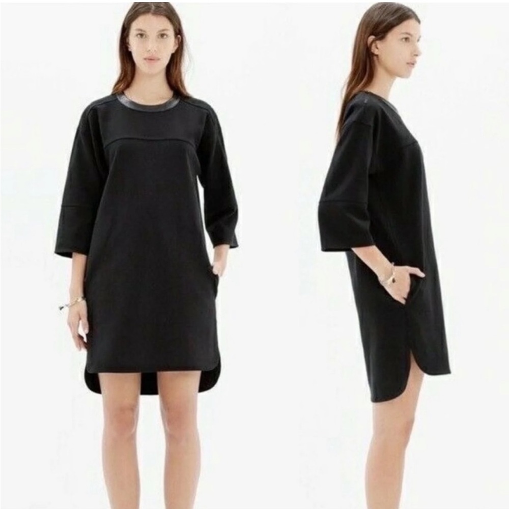 Madewell black shirt dress with zipper detail, pockets and leather trim.